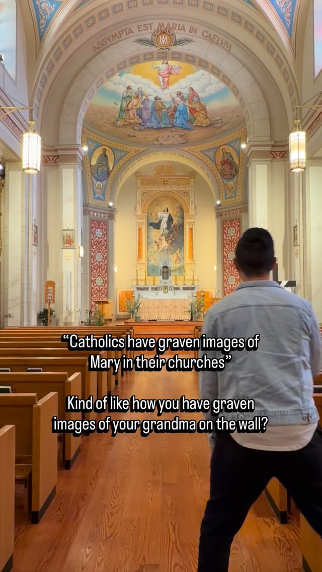 You don’t worship your grandma just like we don’t worship the Blessed Mother. We don’t treat the images and statues like they’re God— rather, they’re like family photos of our loved ones in Heaven. So why are Catholics sometimes seen kneeling and bowing to Mary? Because that’s what you do before a queen (Rev 12.1). While I’m sure your grandma is a sweet woman, Mary is the Mother of Jesus. There’s no comparison in the honor that Mary deserves. Were it not for her faith and obedience, we would not have been saved by Jesus, Who took on flesh in her womb because she said yes to God’s plans for salvation. It’s a pretty big deal. We can’t love Mary more than Jesus already did. And why do we ask Mary to pray for us? James 5.16, Rev 8.4, & John 2.3-11.
⛪️: @associationmiraculousmedal